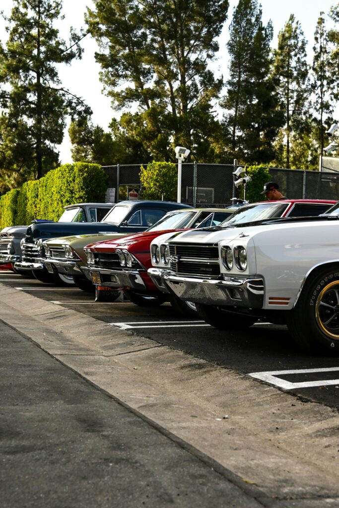 Row of vintage muscle cars parked side by side under trees.